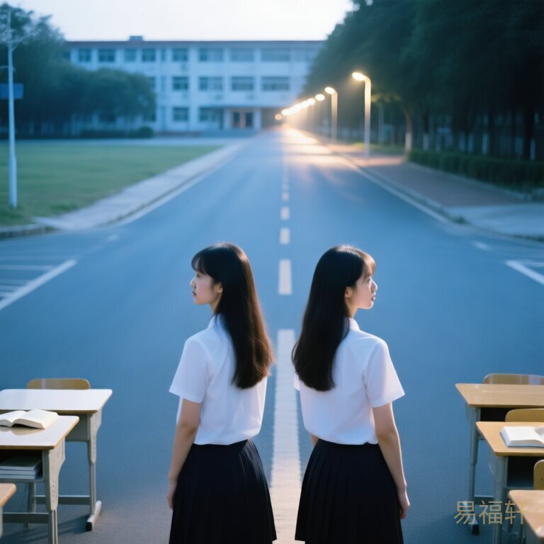 两个同一天出生的少女背对背站在岔路口,一条路阳光洒满书桌通向远方学校,一条路灯光摇曳晃动,对比强烈