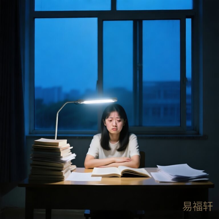 卯时生的女孩独自坐在深夜书桌前,头顶灯光刺眼,面前摊开一堆书和试卷,表情疲惫焦虑
