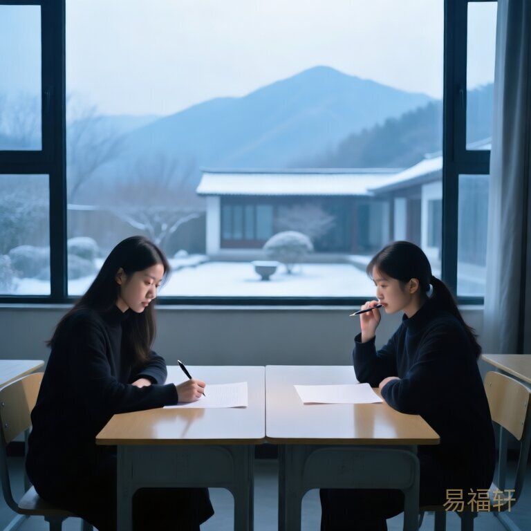 寒冬清晨两个女孩并排坐在书桌前,一个面对试卷眼神坚定笔尖流畅,另一个咬着笔头发呆试卷一片空白