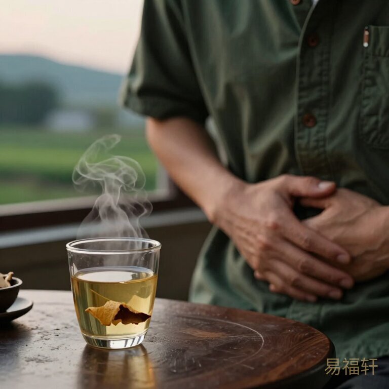 一只手轻轻按在胃部，桌上放着一杯冒着热气的陈皮水，窗外是安静的黄昏