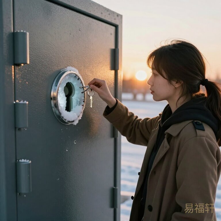 一个年轻女人守着一个巨大保险柜,手里拿着钥匙但锁眼被冰封住,身后远处有初升的太阳