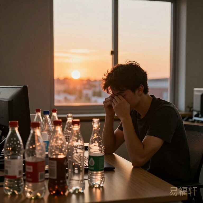 办公桌上堆满空饮料瓶,一个年轻人疲惫地揉眼睛,窗外的夕阳把房间染成橘红色