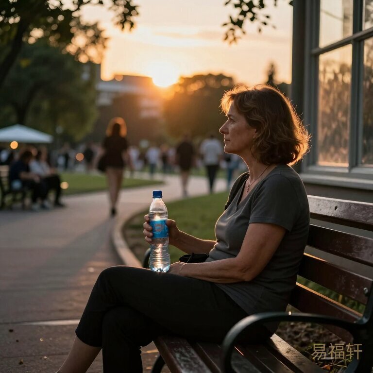一个中年女人独自坐在公园长椅上,手里捏着半瓶水,夕阳把她的轮廓拉得很长,远处的游人和灯光看起来热闹却隔着距离