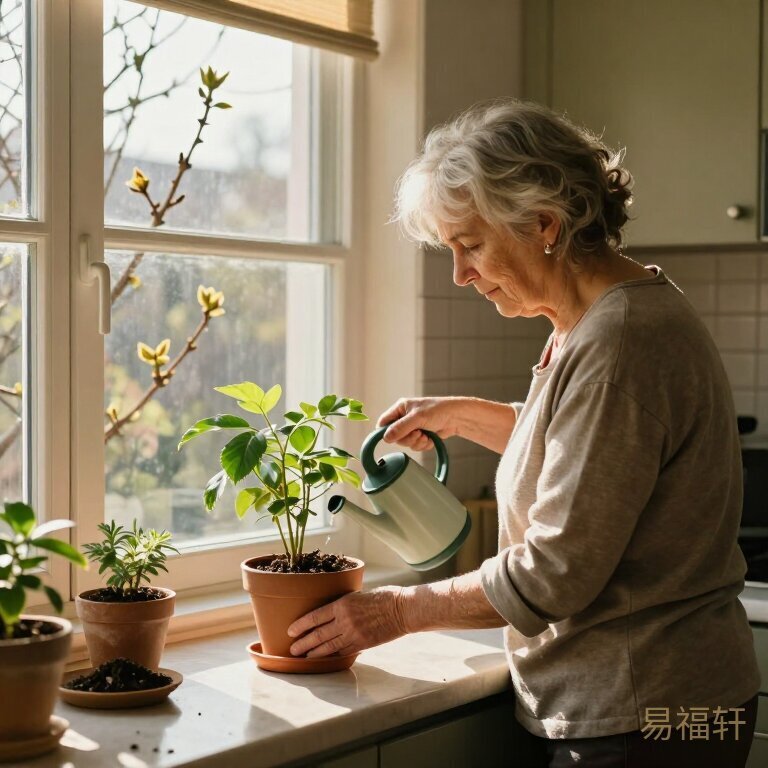 厨房里阳光透过窗户洒进来,一位银发女士在窗台边安静地给一盆绿植浇水,窗外是初春刚冒芽的树枝