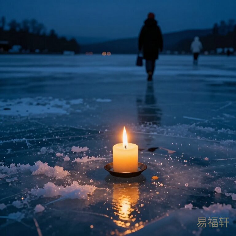 冬夜冰湖边一盏烛火摇曳,远处是凝结成冰的湖面,火苗虽小但稳稳地亮着