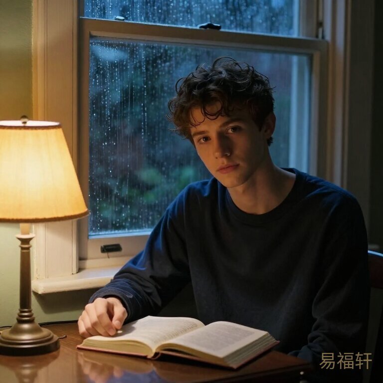 少年独坐窗前,窗外是夜雨,桌上台灯暖黄,手边摊开一本书,神情安静但眼神有力量