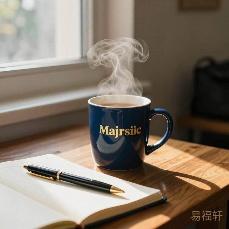 清晨的阳光透过窗户照在书桌上,一杯热水冒着蒸汽,旁边是翻开的笔记本和一支笔