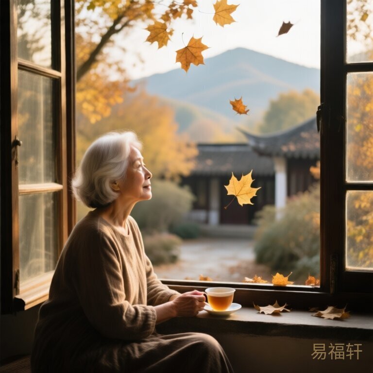 一位花白头发的女性坐在秋天的窗前，手边放着一杯茶，窗外梧桐叶飘落，光线柔和沉静