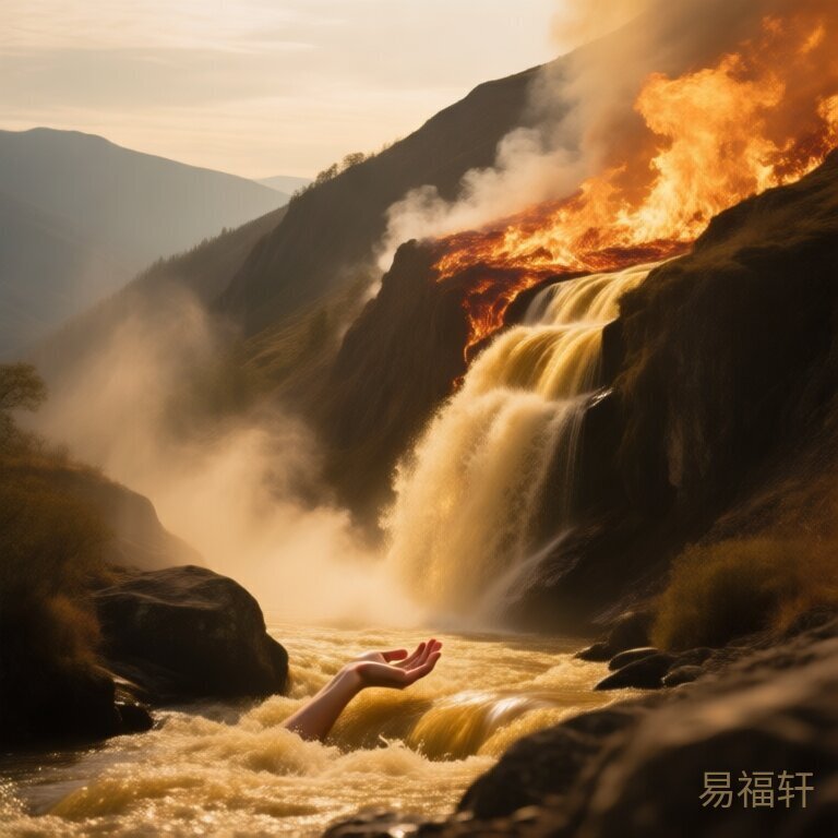 一条金色的河流从山顶流下，中途经过一片火海，水汽蒸腾，到下游时水流已经变小，像手心里捧不住的水