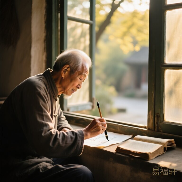 一位老人坐在窗前用毛笔写字，旁边放着一本翻开的旧书，窗外阳光正好洒在纸上