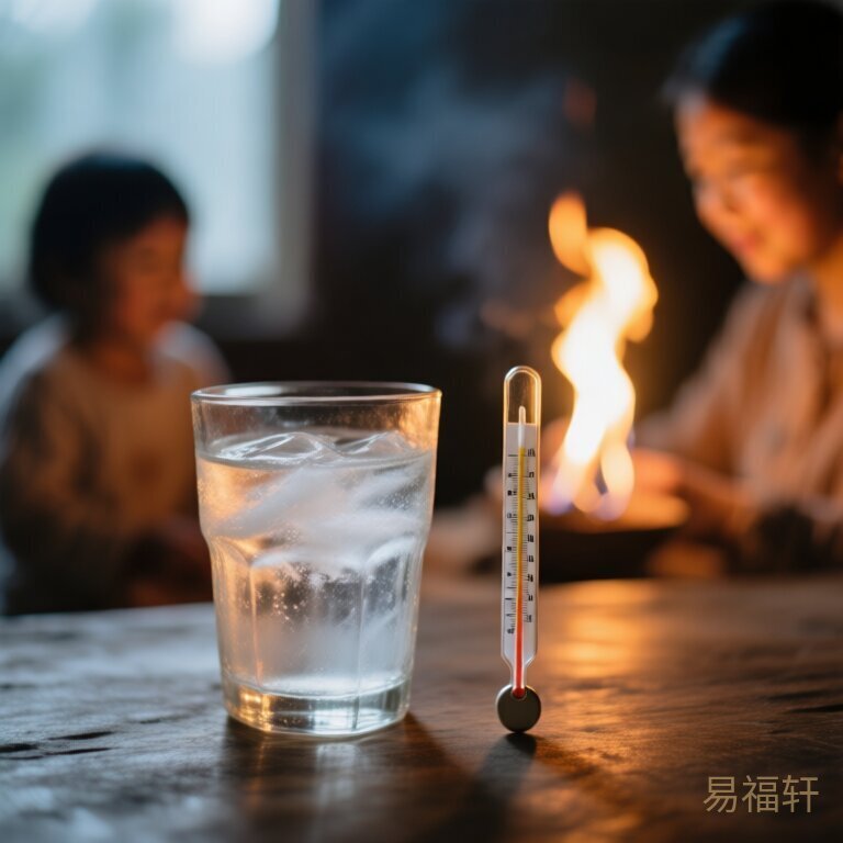 一杯冰水旁边放着一支温度计,背景有微弱的火焰影子,冷暖对比