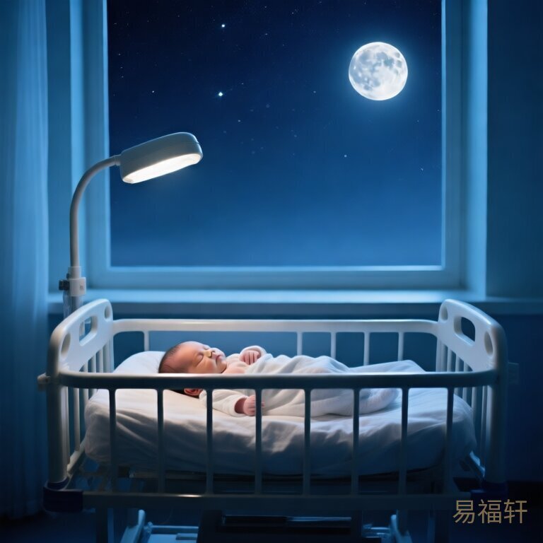 深夜产房窗外星空，刚出生的男婴安静睡在摇篮里，柔和的月光洒落