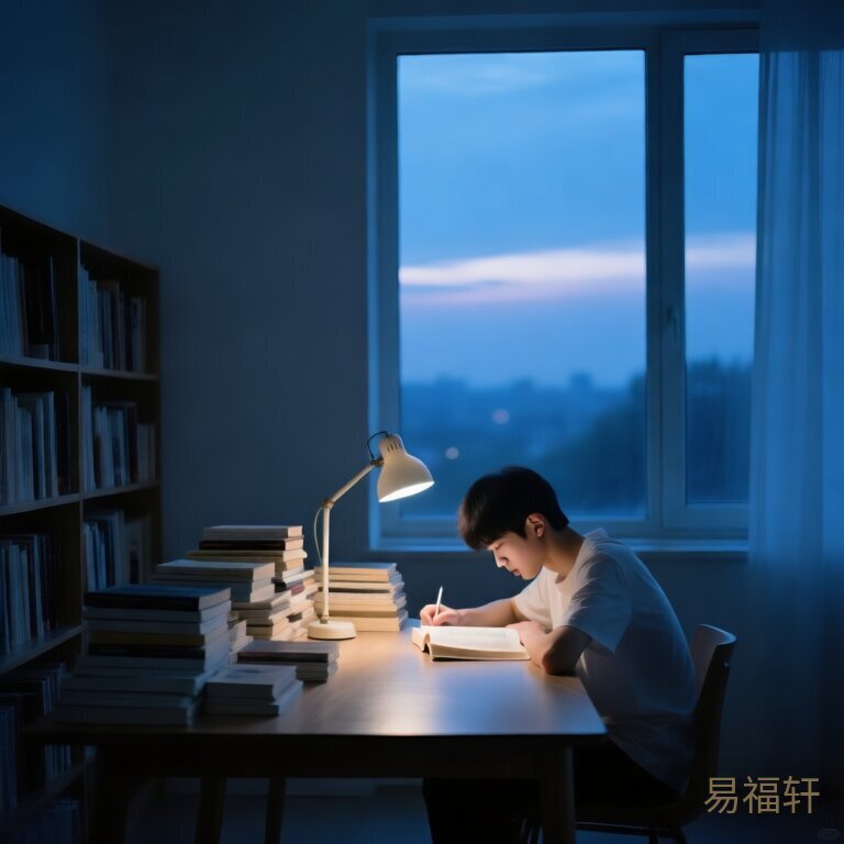 凌晨的书房里，台灯下的少年伏案苦读，窗外天色将亮未亮，桌上堆满书卷