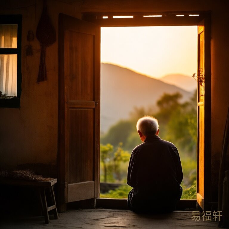 一个老人坐在老房子的门槛上，夕阳照在他身后，表情平静但眼神里有故事