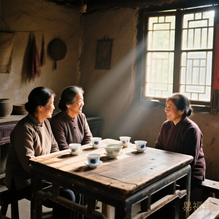 中国传统老房子里，一张老旧木桌上摆着茶杯，午后的光线从窗户斜照进来