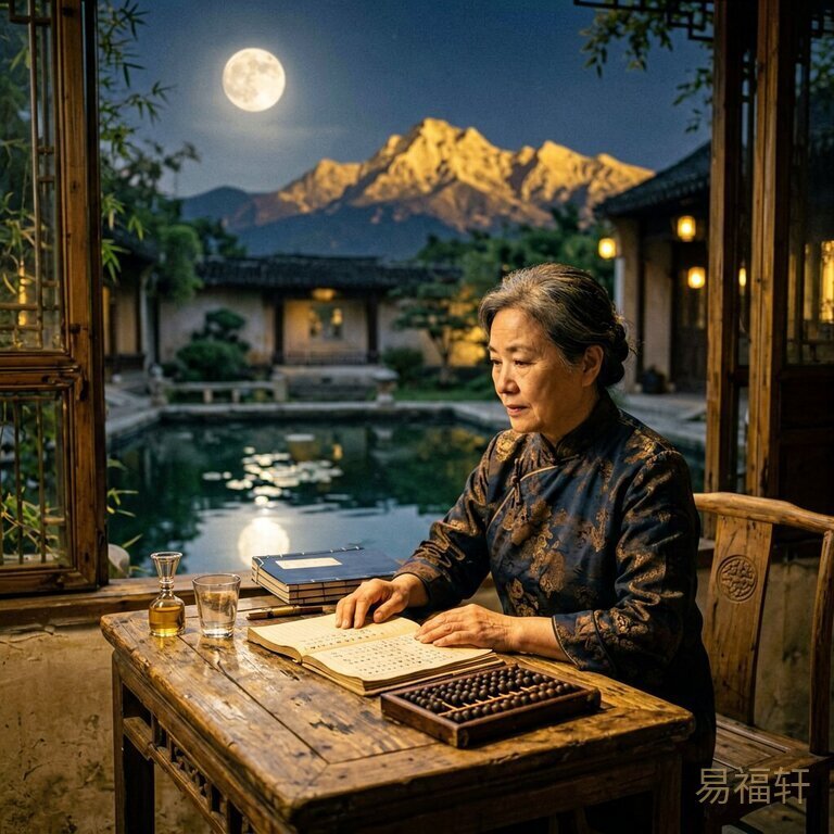 夜晚的庭院里，一位中年女性坐在灯下，面前摆着账本和算盘，窗外月光映照亥水池塘，金山隐隐可见
