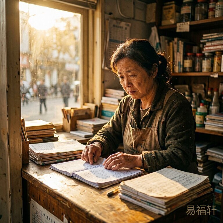 清晨的街边小店，一位中年女性在柜台前忙碌，旁边堆着账本但数字总对不上，阳光透过玻璃照在她认真但疲惫的脸上