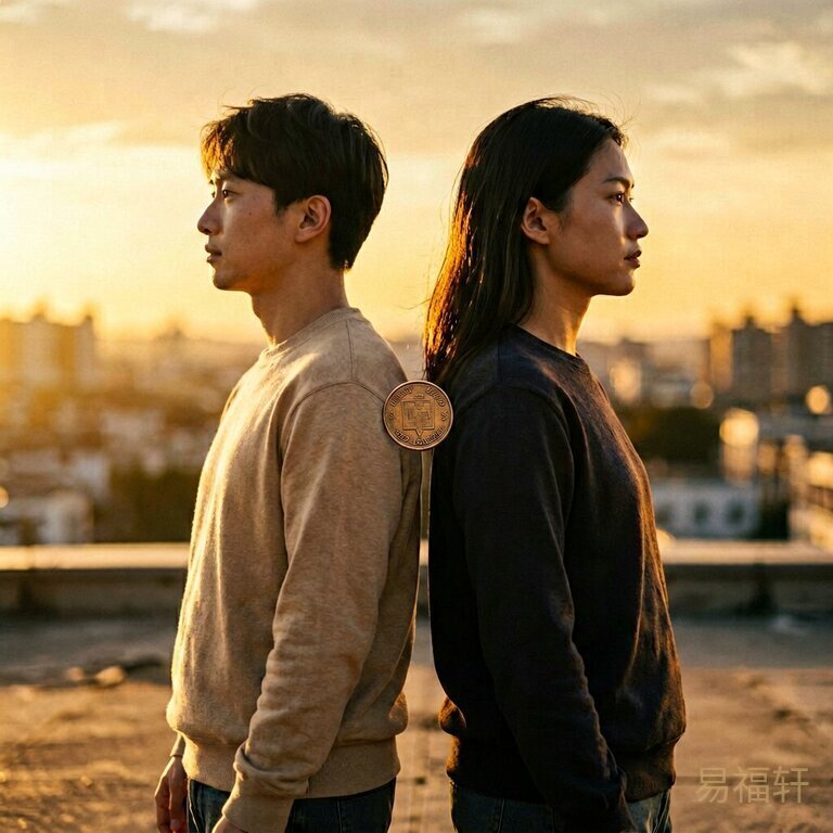 两个同年同月同日生的人背对背站着，一个面向东方朝阳一个面向西方夕阳，阳光把两个人影拉向不同方向，中间一枚铜钱在空中翻转