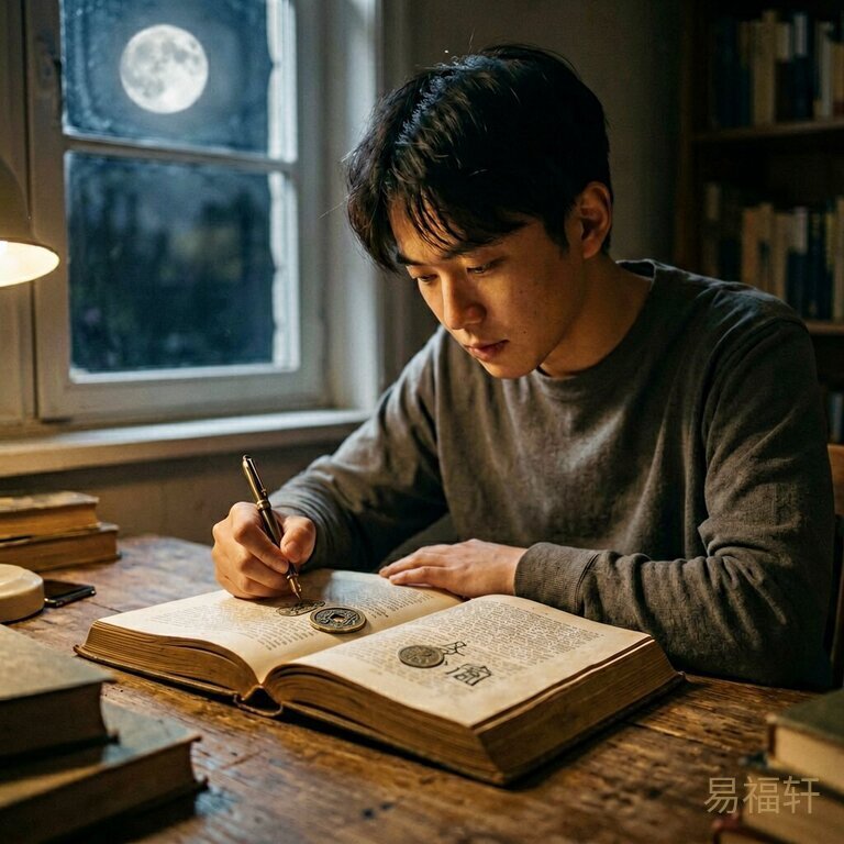 一个年轻人深夜伏案读书，桌上摊开一本厚厚的书，窗外月光洒进来，书页上隐隐映出铜钱和官印的轮廓