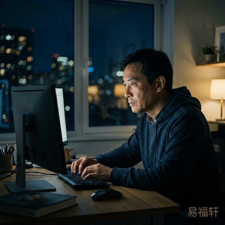 夜晚书桌前一个中年男人对着电脑屏幕沉思,电脑屏幕微光映在他脸上,窗外是城市夜景,画面偏暗偏冷,透着孤灯独坐的氛围