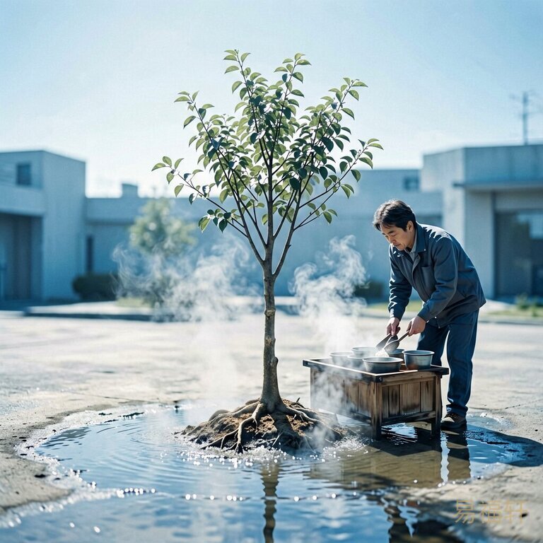一棵小树在烈日下站立,树根旁有一小摊浅水被阳光蒸出水汽