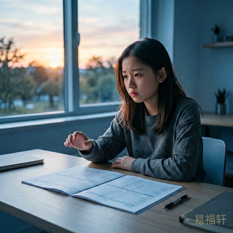 一个女孩坐在书桌前,面前摊着两份表格,左手悬在半空在两份表之间犹豫,窗外夕阳照进来