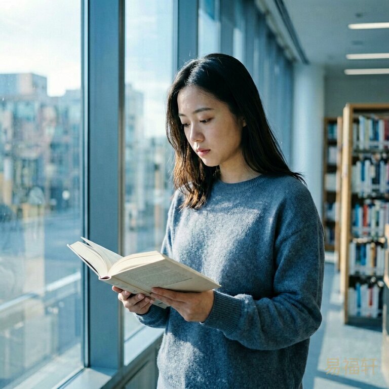 一位二十几岁的年轻女性站在图书馆落地窗前,晨光洒在翻开的书页上,表情沉静而笃定
