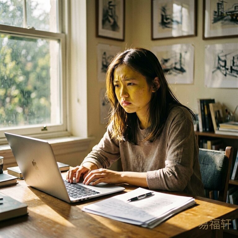一个面色偏黄的年轻女孩独自坐在午后阳光斜照的窗边，神情疲惫但眼神倔强，桌上摊着电脑和稿件，身后墙上挂着设计作品