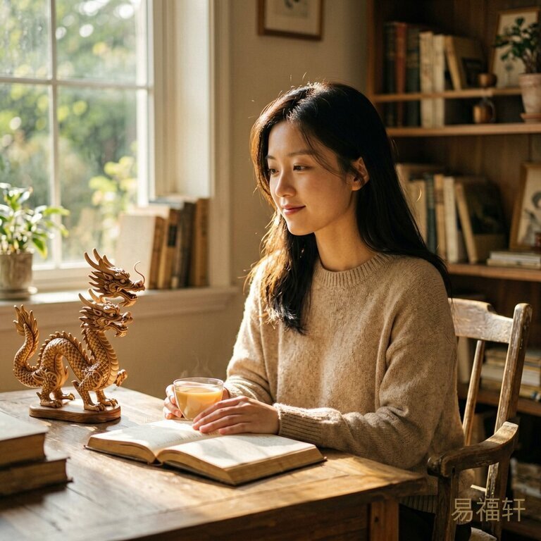 一个气质温和的年轻女孩坐在清晨阳光洒落的书房里，手边放着书和茶，身侧的龙形摆件和暖色调装饰透出家的安稳感