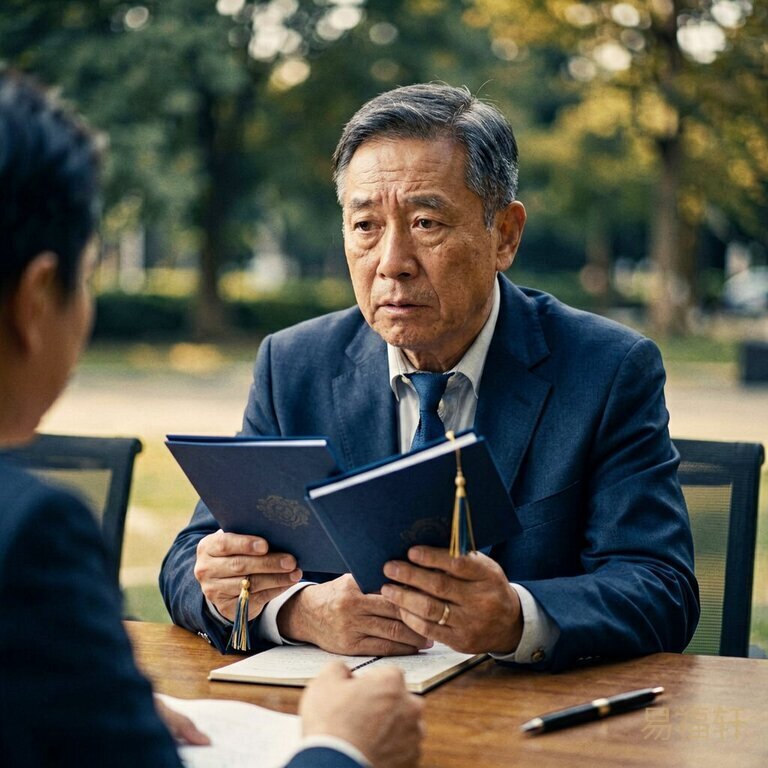 一个中年男人坐在面试桌前，对面的HR拿着两份毕业证露出困惑的表情，男人双手交叉神情坦然