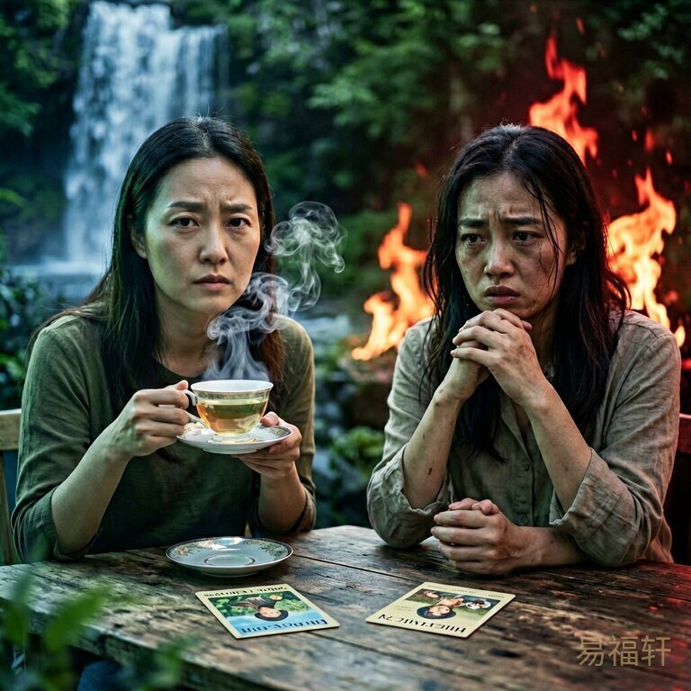 两位同龄女子隔桌对坐,一个神色沉稳端着茶杯,水汽氤氲眼神笃定,眉间有舒展之气;另一个面容疲惫双手交握,眼里有压着的焦灼。桌上摆放着两人的生辰卡片,光影一明一暗,左边女子身后有隐约的水流意象,右边女子身后有火焰剪影。画面意境深远,色调左侧偏蓝右侧偏红。