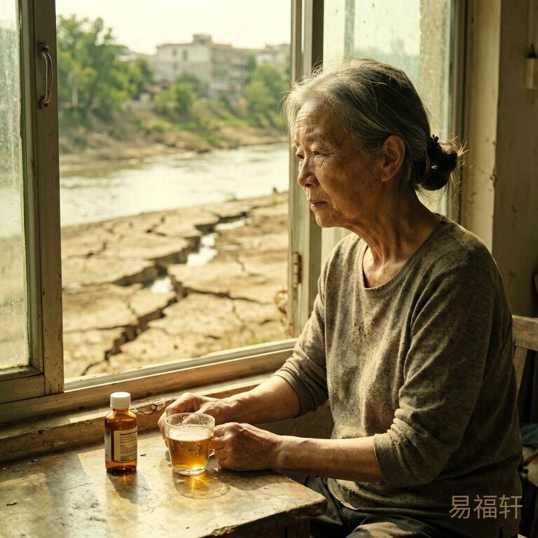 一个中老年女性坐在窗边,阳光刺眼地照着她瘦削的侧脸,她微微皱眉,手边摆着药瓶和凉掉的茶杯。窗外有干涸的河床,裂缝像龟背蔓延。色调偏暖偏黄,画面带着一种压抑的焦灼感。