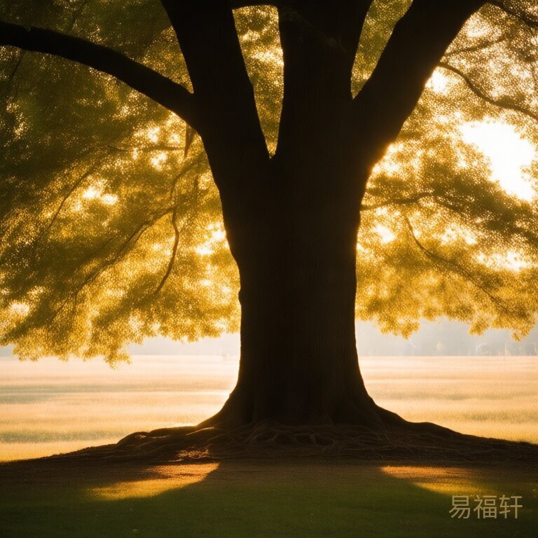 一棵参天大树扎根在大地上,阳光透过树叶洒下斑驳光影,树下有人坐着乘凉,画面给人踏实可靠的感觉
