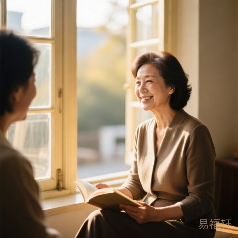 一个穿着得体的成熟女性坐在明亮的窗前,阳光照在她身上,她面带微笑正在看书或与朋友轻声交谈,氛围温暖踏实