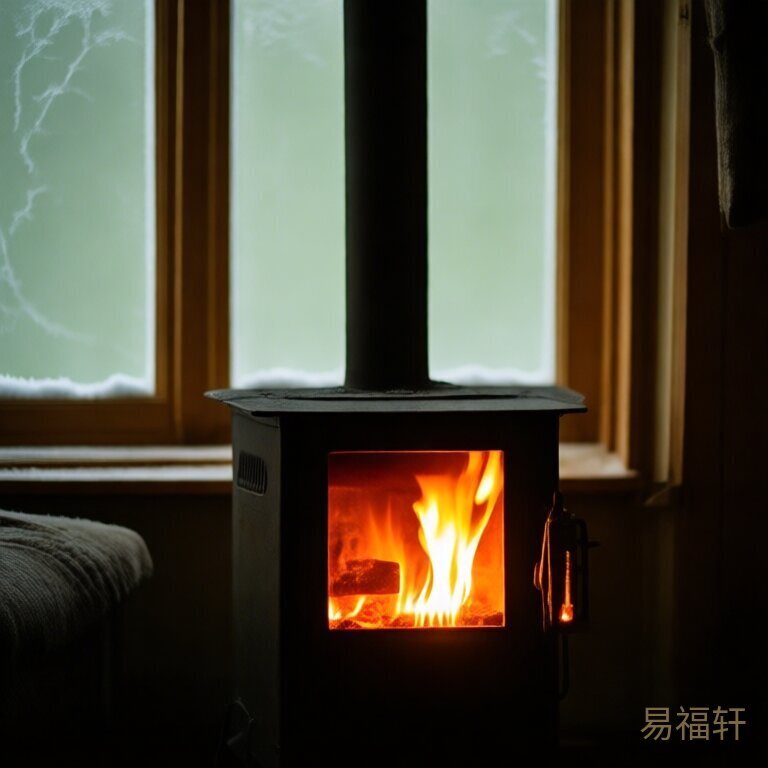 冬天的窗户结着霜花,屋内一只取暖的小火炉火光微弱
