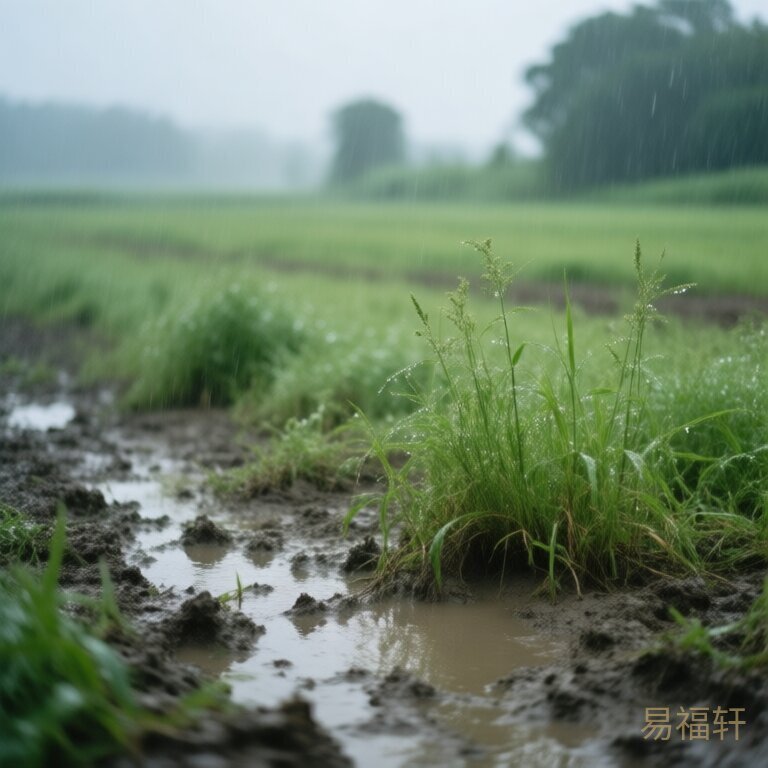 雨水落在泥泞的田野上,野草在湿土中倔强地生长