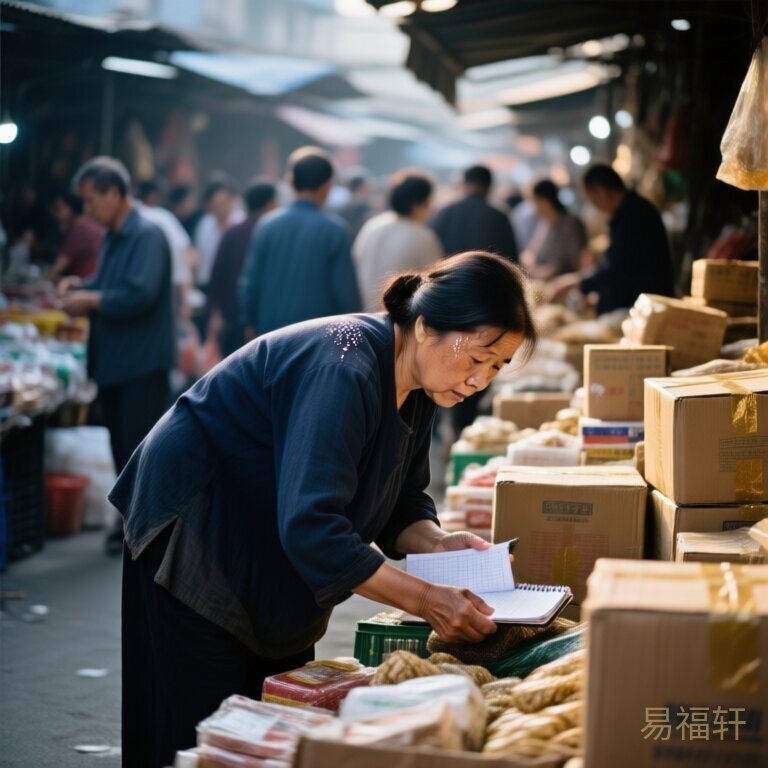 一位属虎的中年女性在喧闹的批发市场摊位前弯腰整理货物，周围堆满了纸箱和货品，身边人来人往，她穿着朴素的深色衣服，额头上有些汗珠，神情疲惫但仍在坚持，手里拿着记账本