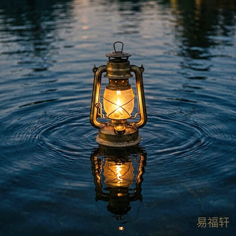 一盏昏黄的油灯浮在深蓝色水面上，灯芯燃着火苗，水波在四周荡漾，灯影倒映在水中摇晃，水面下隐约有光