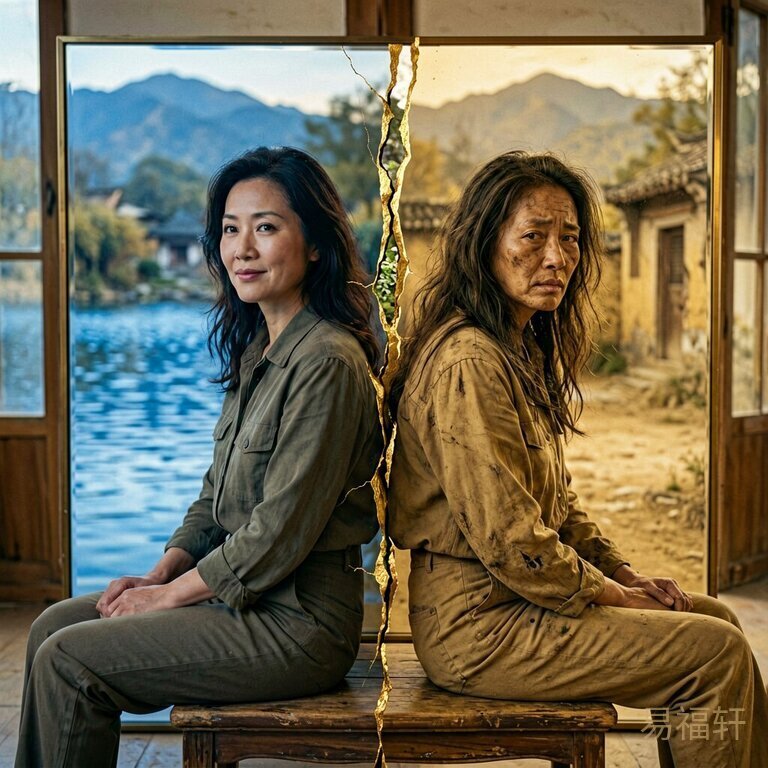 两个1989年属蛇女人背对背坐在一面镜子两侧，镜子左半边透出蓝色水光映照一个干练自信的女性，右半边映出干燥的黄土色调中一个疲惫但坚韧的女性，镜子中间一道金色裂缝