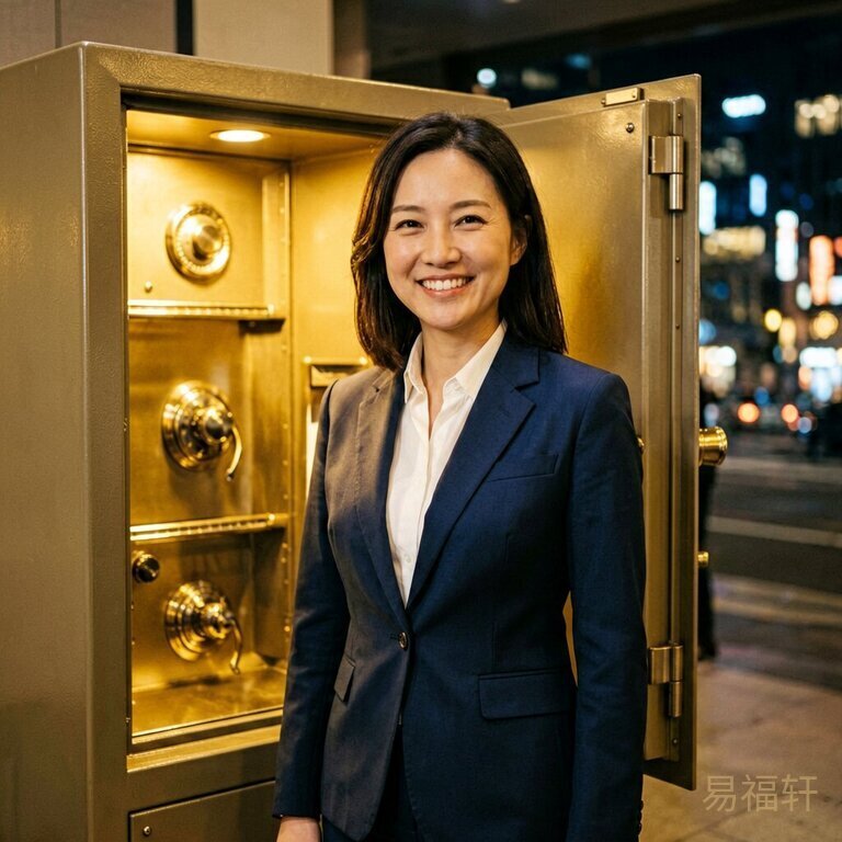 一个穿深蓝色职业装的女性站在打开的保险柜前，金光照亮她微笑的脸，身后是夜晚的城市灯光
