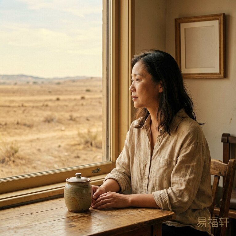 一个穿米色衬衫的女性坐在窗前，窗外是大片干旱的土地，她面前放着一个小而实在的钱罐，身后墙上挂着一面空相框