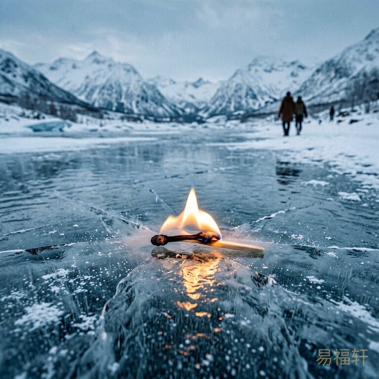 冬日冰河上漂浮着一根燃烧的火柴，冰面映照火光，远处雪山衬托寒冷氛围