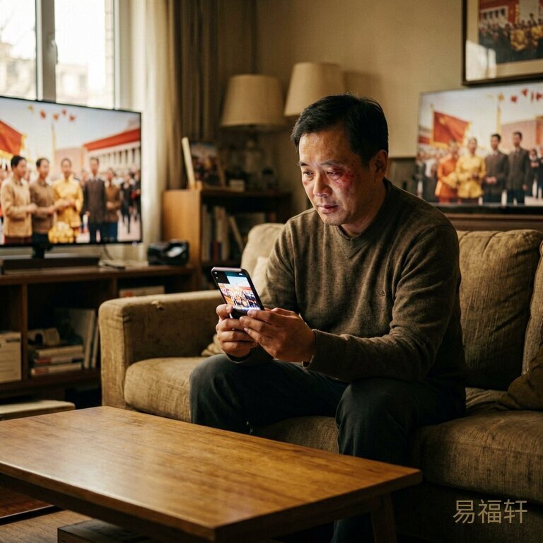 一个中年男人独自坐在昏暗的客厅沙发上，手机屏幕亮着，电视里播放着建党百年庆典的温馨画面，他表情平静但眼眶微红，茶几上空无一物