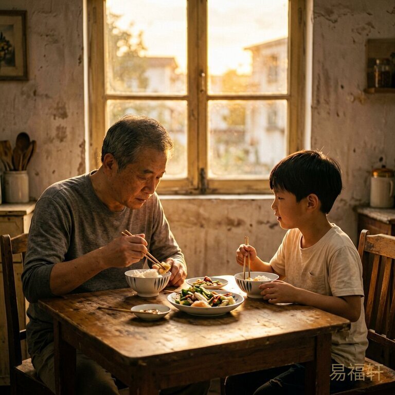 一对父子坐在老房子的饭桌前，桌上摆着简单的饭菜，父亲低着头夹菜，儿子看着父亲的侧脸，两人之间有一种沉默的张力，窗外是傍晚的金色阳光