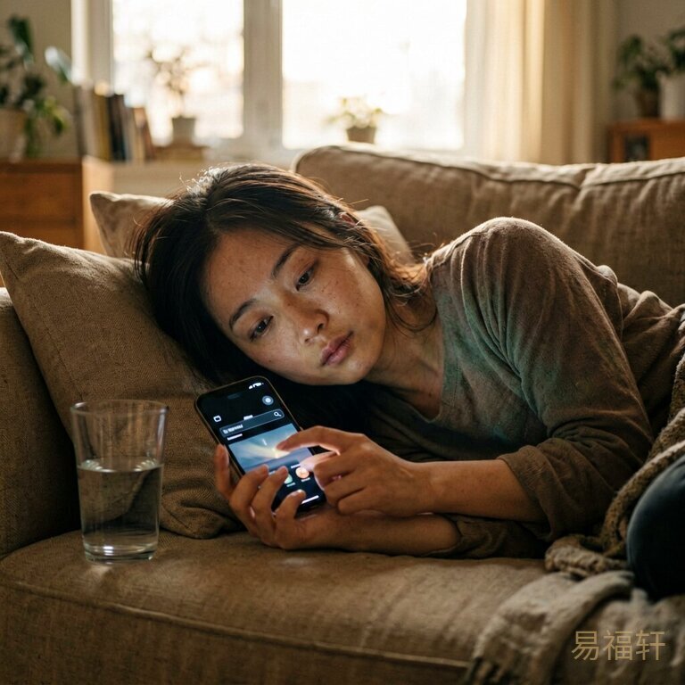 深夜手机屏幕的光映在一张疲惫的女人脸上，她半卧在沙发角落，手指悬停在搜索框上方，旁边放着一杯没喝完的水