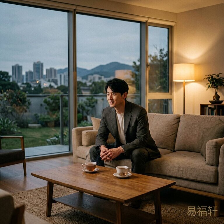 一个西装男人坐在空荡荡的客厅中央，茶几上两杯茶已经凉透没了热气，窗外是傍晚灰蓝色的城市天际线，房间里只有一盏孤零零的落地灯亮着