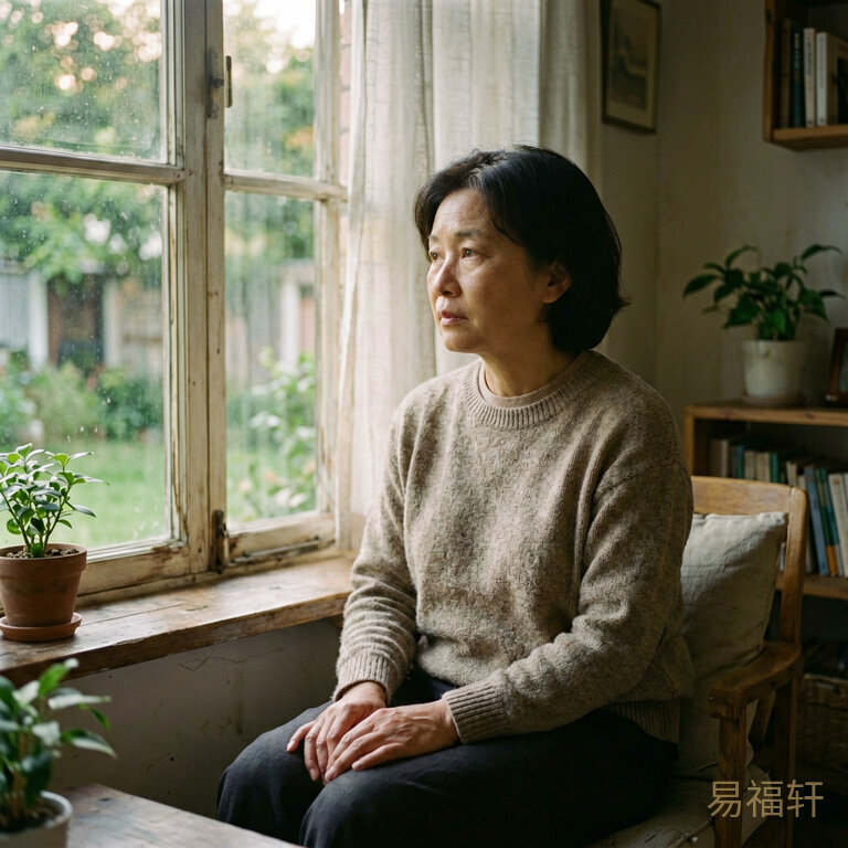 同一位1983年出生的属猪女性,安静地坐在家中窗边,傍晚光线柔和,神情内敛沉稳,周围布置温馨雅致,画面安静而深邃