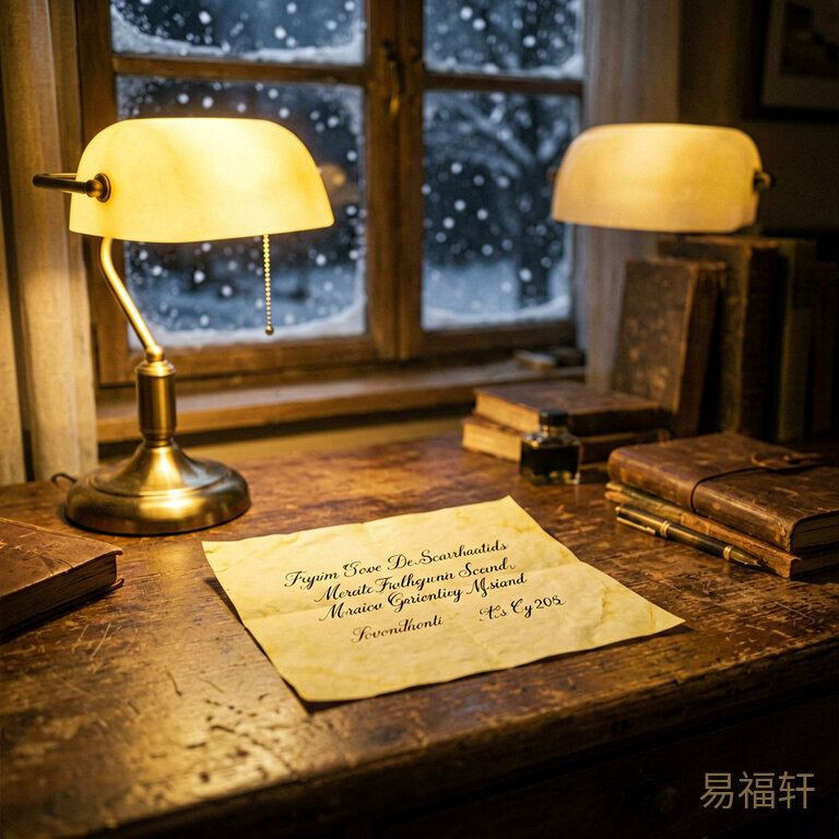 一个深夜的老式书桌上放着一张泛黄的出生日期纸,旁边一盏昏黄台灯,窗外冬夜飘雪,画面温暖安静