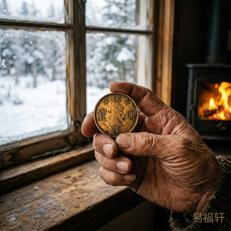 一只布满皱纹的手握着一枚老式铜钱,背景是深冬的窗台,窗外能看到积雪,室内暖黄的炉火映在铜钱上