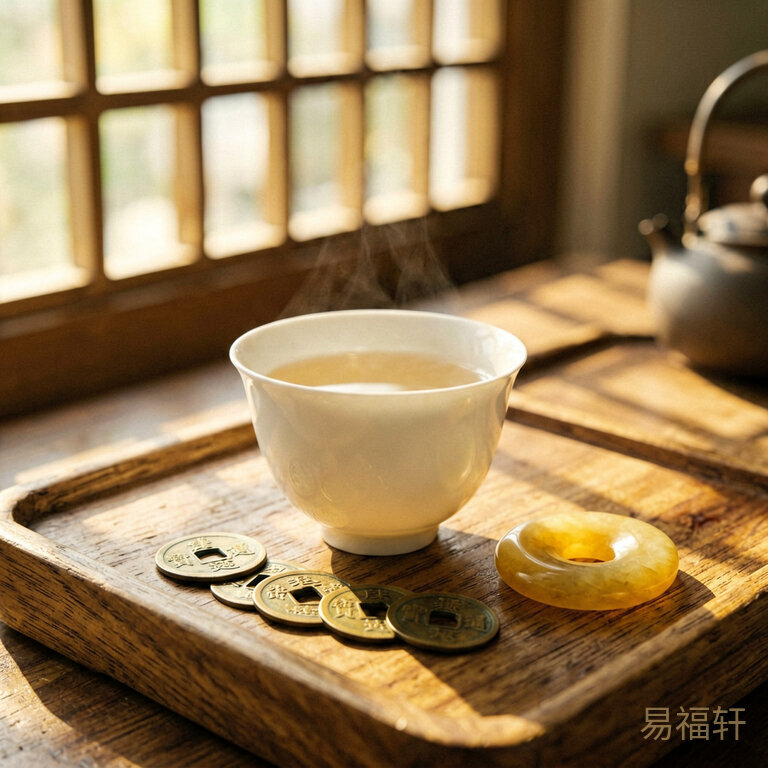 一只素雅的白瓷茶杯放在木制茶盘上,旁边散落几枚铜板和一枚温润的黄玉平安扣,阳光透过窗格洒进来